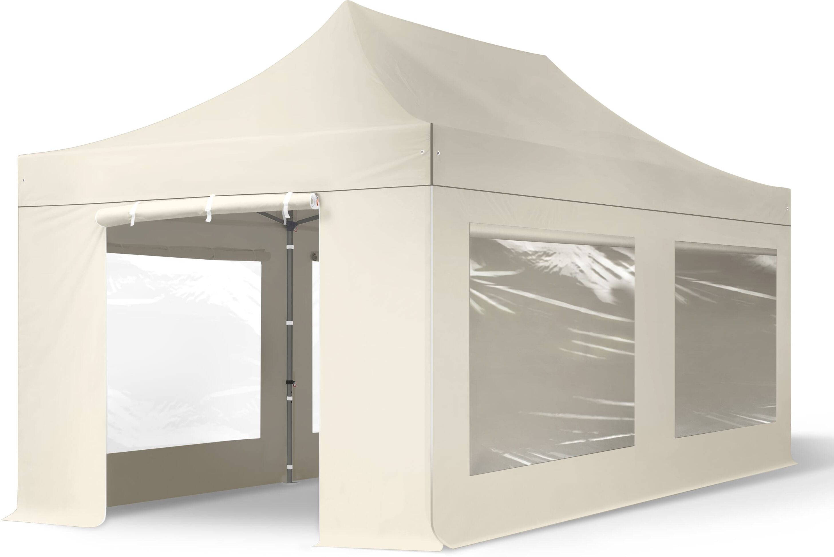 TOOLPORT 10x20 ft PES 750 Pop-Up Canopy PREMIUM Steel 1.6 in., incl. Sidewalls with Panorama Windows, Cream - (600072)
