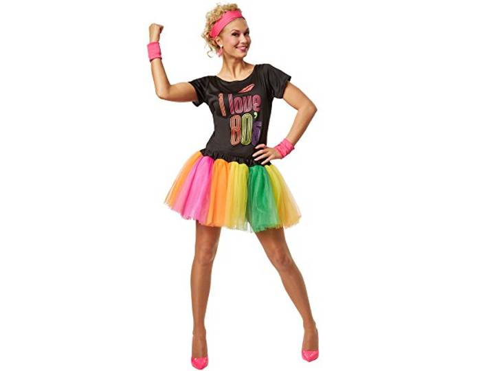 dressforfun Frauenkostüm 80er Jahre Popsternchen Fettig partykostuum in jaren 80 stijl incl. zweetbanden en hoofdband (XXL nr. 301676)