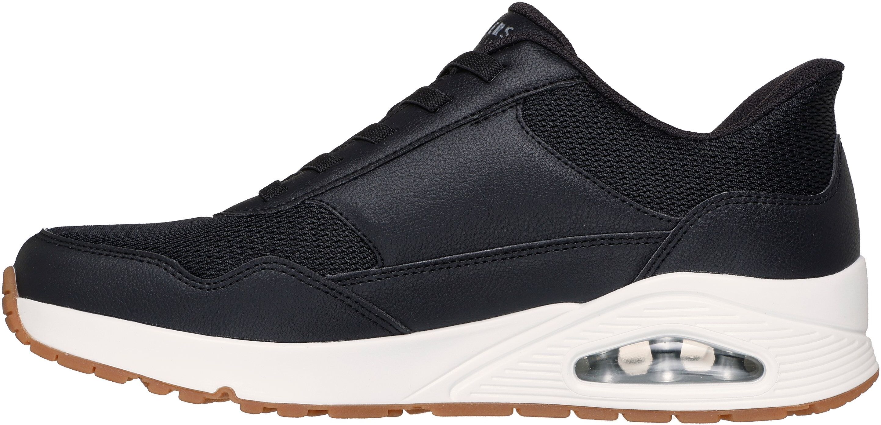 Slip-On Sneaker SKECHERS "UNO-SIMPLIFIED SLIP-IN", Herren, Gr. 41, schwarz-weiß (schwarz, weiß), Lederimitat, Textil, Schuhe Slip-On Sneaker, Schnürschuh, Retro Sneaker, Freizeitschuh mit Slip-Ins Technologie