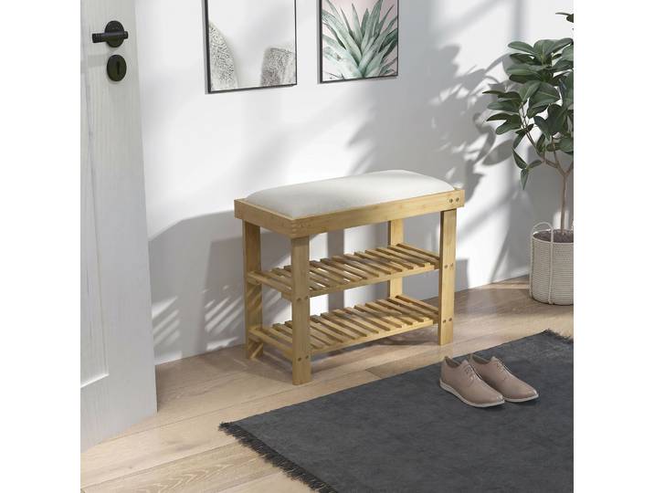 HOMCOM Banc à Chaussures Bambou 3 Niveaux Crème Bois 60x29x49 cm