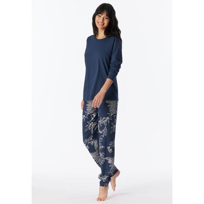 Schlafanzug SCHIESSER "Comfort Essentials", Damen, Gr. 46, Single Jersey, blau (801, admiral), Single Jersey, Obermaterial: 100% Baumwolle, bequem lang, Rundhals, angesetztes Bündchen, Homewear-Sets Schlafanzug, Baumwolle, langärmelig, mit Bündchen,...