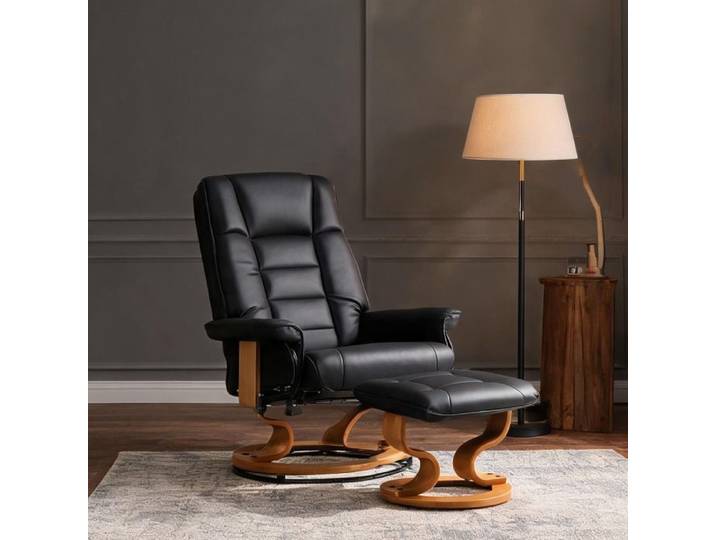 Fauteuil de relaxation inclinable noir simili pivotant 360° repose-pieds salon