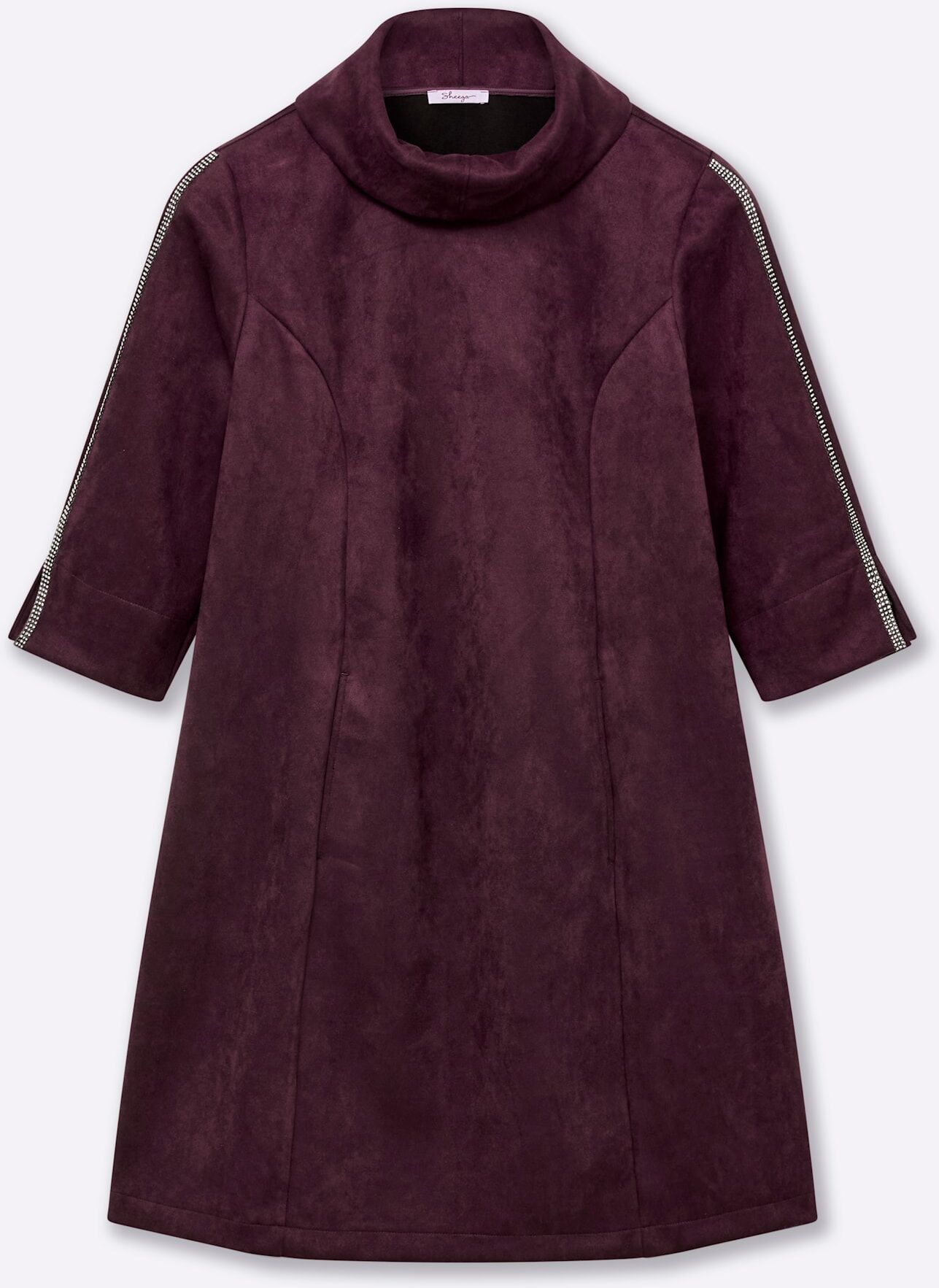 A-Linien-Kleid SHEEGO "Velours-Kleid", Damen, Gr. 50, Normalgrössen, lila (burgund), 90% Polyester, 10% Elasthan, unifarben, kurz, Kleider A-Linien-Kleid burgund 50, Normalgrössen