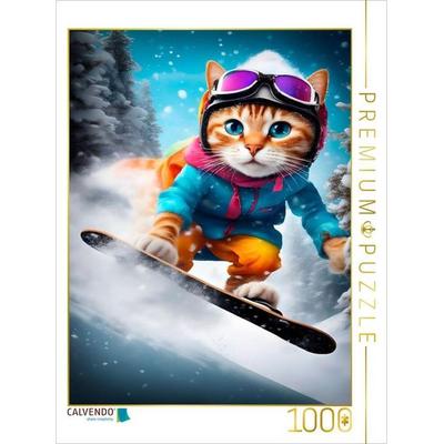 CALVENDO Puzzle Katze beim Outdoorsport - Snowboard fahren | 1000 Teile Lege-Größe 64x48cm Foto-Puzzle für glückliche Stunden
