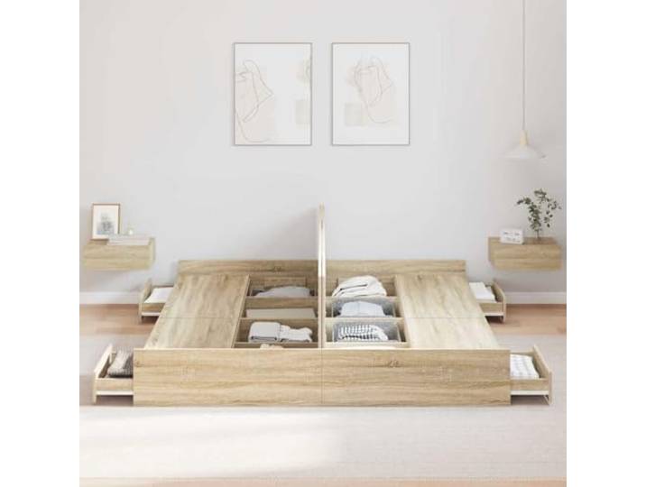 KTHLBRH Boxspringbett Eiche Sonoma 180 x 200 cm 4 Schubladen, mehrschichtiges Holz, max. 200 kg, einfache Reinigung, moderner Stil