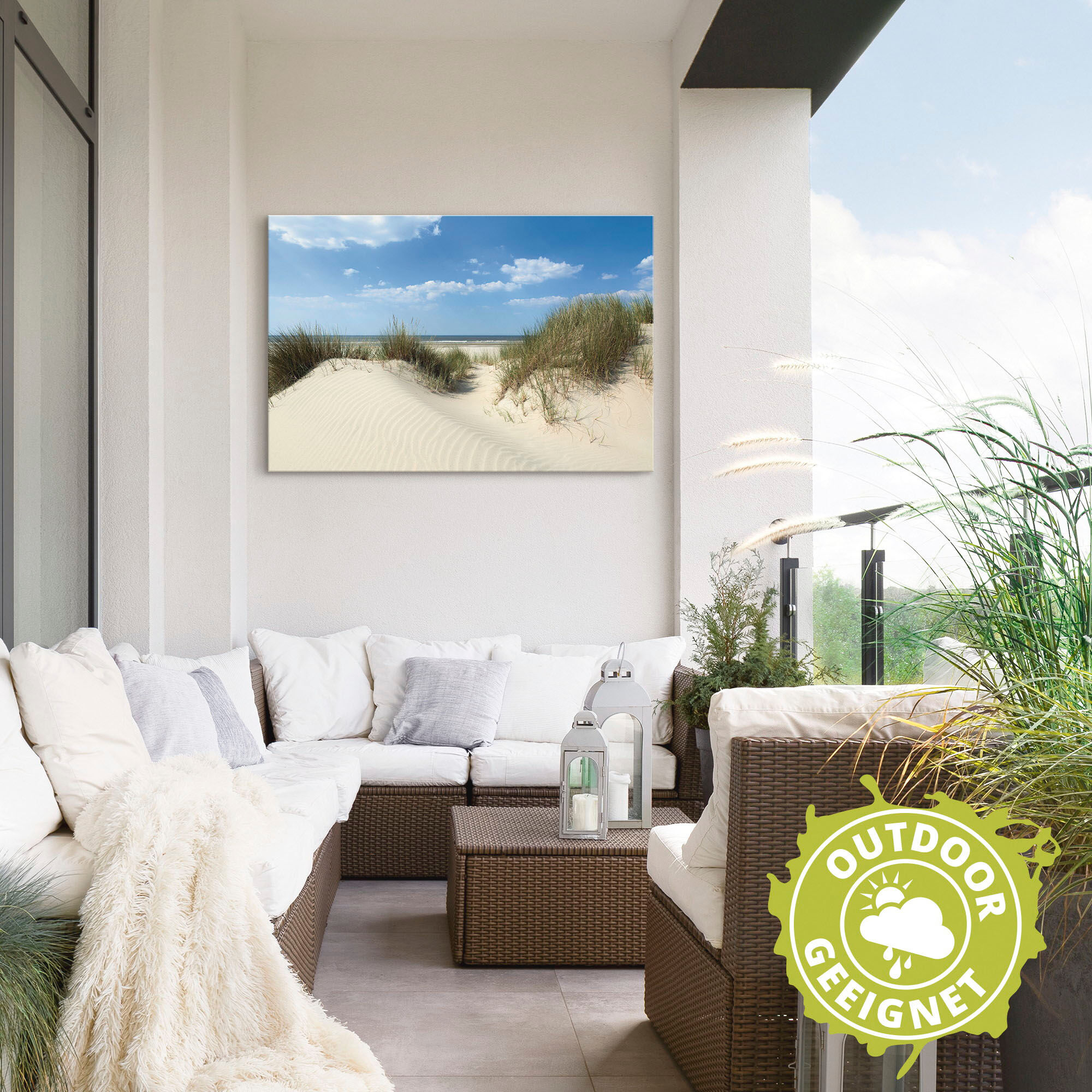 Alu-Dibond-Druck ARTLAND "Düne mit Meeresblick", blau (farbe bild(er): blau), B:60cm H:40cm, Bilder, für Innen- und Außenbereich geeignet, Outdoorbild