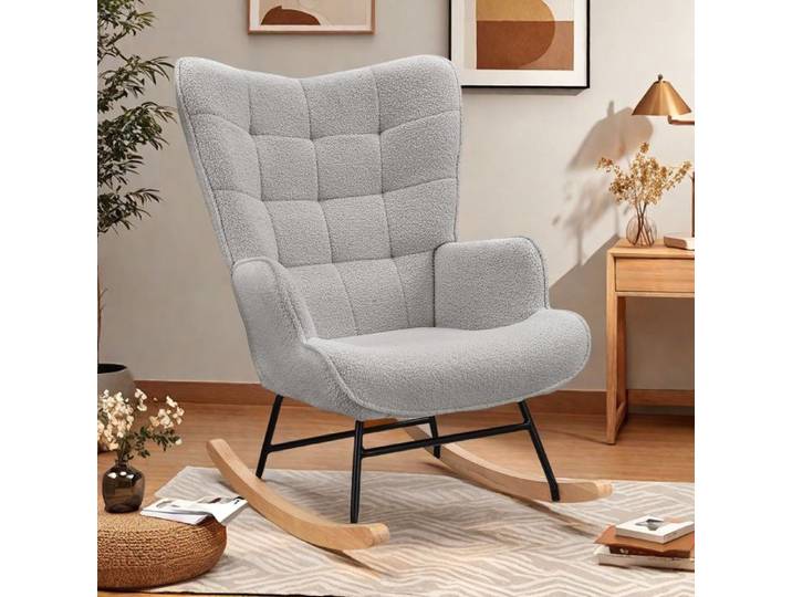 Fauteuil à Bascule Rembourré Fauteuil à Oreilles allaitement Tissu Velours Teddy Chaise à Bascule Relaxante pour Salon Gris
