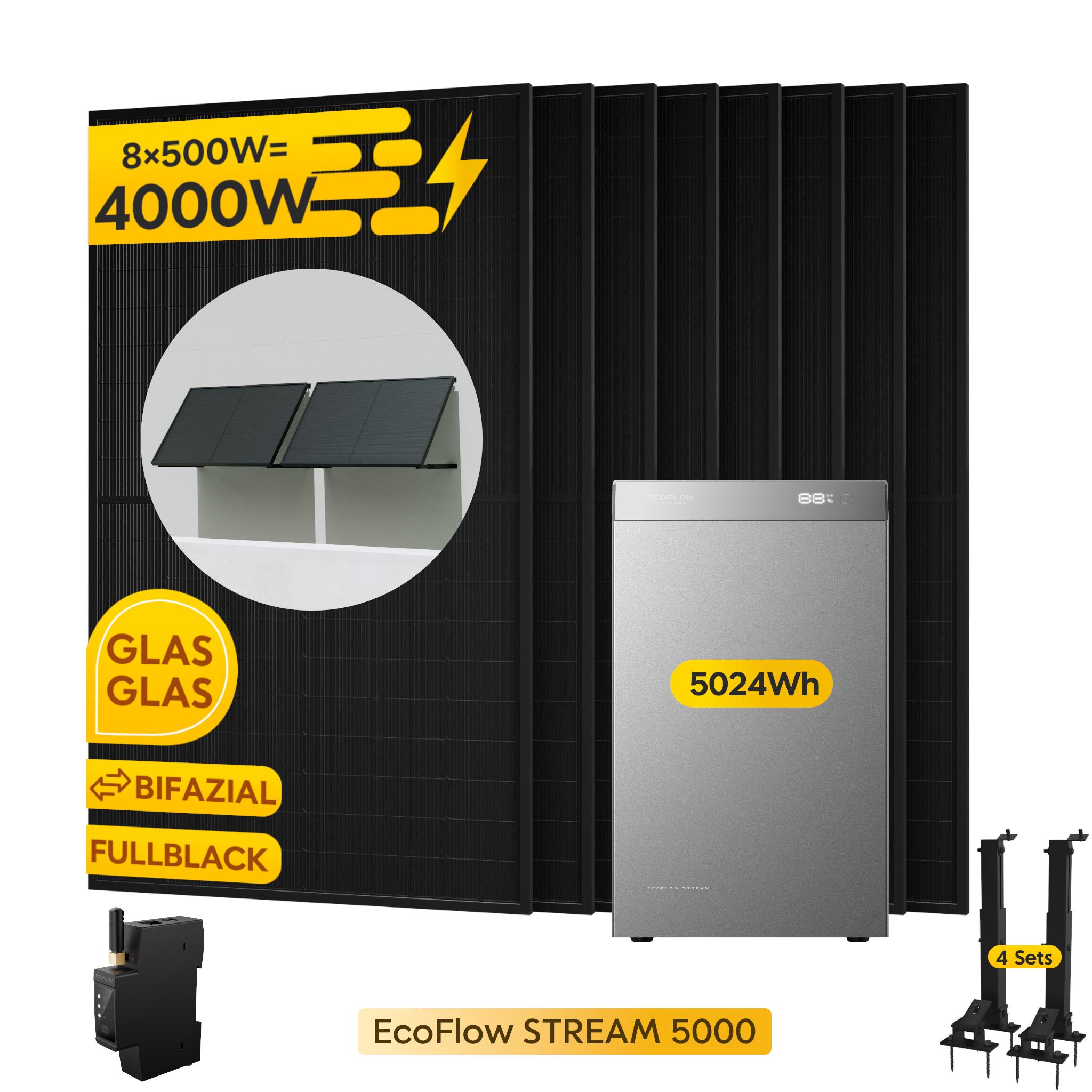 Powerness Balkonkraftwerk mit Speicher: EcoFlow STREAM 5000 Speicher 5024Wh & 8x 500W Module & Smart Meter & 8x Flachdach-Halterung