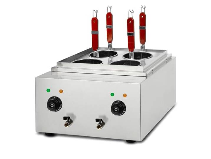 VERTES Cuiseur à pâtes Professionnel en acier inox\, électrique\, 2x 1700 watts\, 2 cuves de cuisson séparées de 6 litres chacune\, 4 paniers à pâtes\, 2x robinets de vidange\, 2x réglages de la température