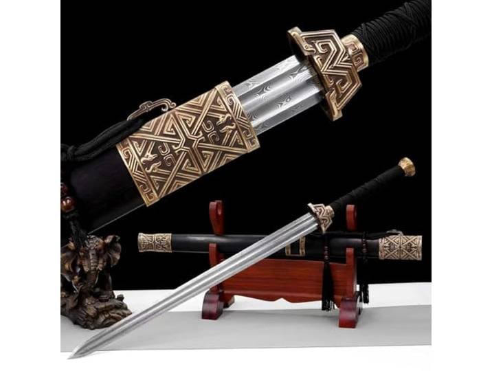 93 cm Chinesisches Schwert,Gemusterter Stahl Geschmiedet Gerades Schwert,Reines Kupferzubehör,natürlichem Drachen- und Phönix-Sandelholz Scheide,Handgefertigtes Katana Für Geschenke,Training,Cosplay