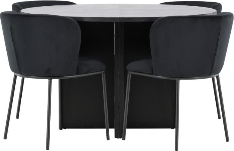 Strada eethoek set met uittrekbare tafel en 4 stoelen, zwart, Diameter: 120 cm, Hoogte: 74 cm