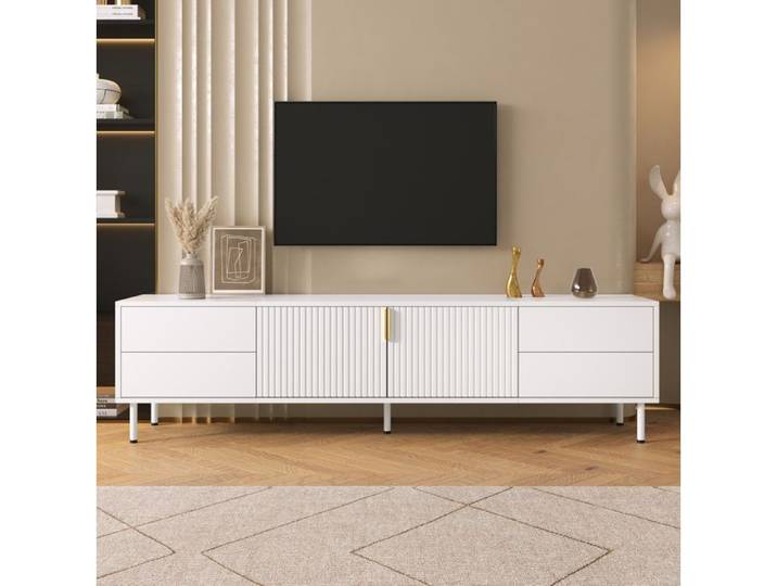 ROVRYN Meuble TV blanc 180 cm 4 tiroirs double porte rainurée et pieds en métal
