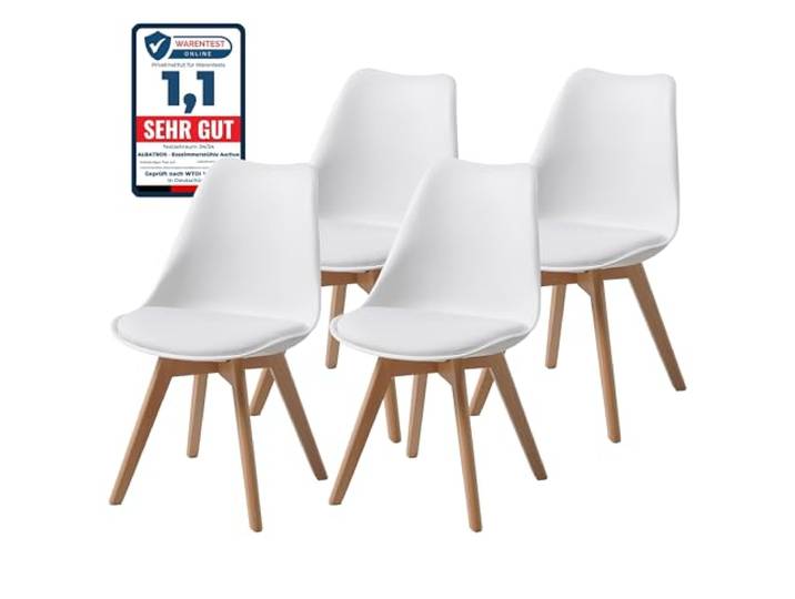 Albatros Esszimmerstühle AARHUS 4-er Set, Weiss mit Beinen aus Massiv-Holz, Buche, skandinavisches Retro-Design