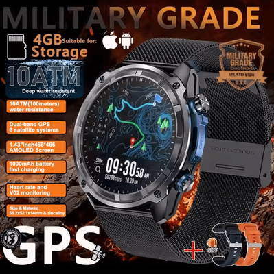 Inspire Curations T Rex 3 Pro Military GPS Smartwatch With Offline Maps, 4GB Storage & 1000mAh Battery black Mesh Belt 2a