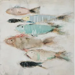 Gemälde FISCHSCHWARM (BHT 80x80x3,70 cm) - bunt - BHT 80x80x3,70 cm