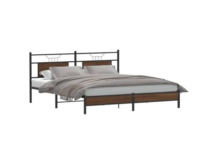 RJPLMFV Bettgestell aus Metall, Eiche, Braun, 183 x 213 cm Ohne Matratze, Lattenrost, Kopfteil, Aufbewahrung unter dem Bett, langlebiger Stahl