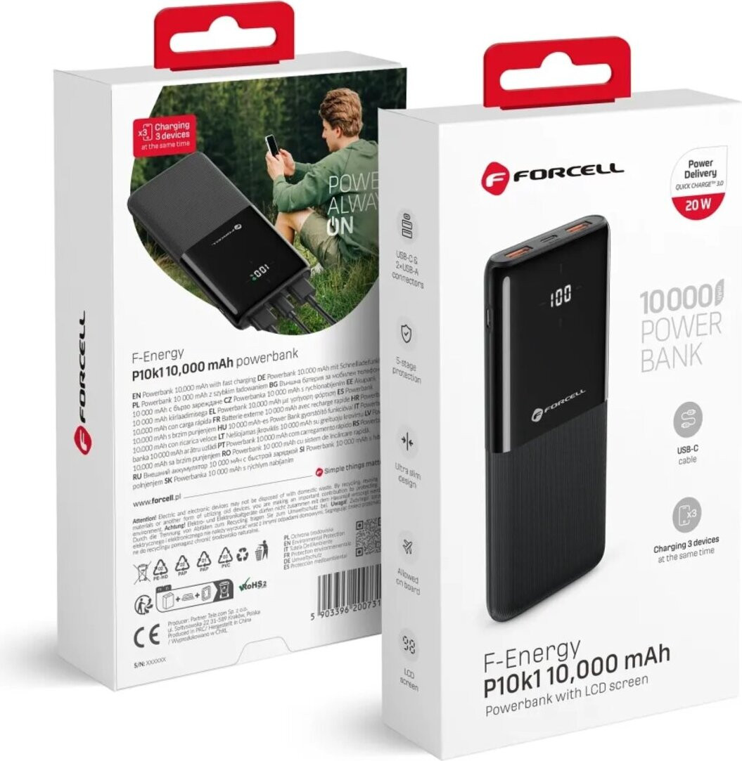 Forcell F-Energy P10k1 Powerbank, 10.000 mAh, PD, QC3.0, 20W, zwart
