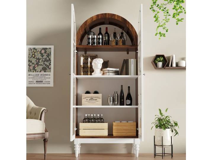 Vitrine haute arche AESVAR 165 cm portes en verre strié 3 étagères MDF blanc