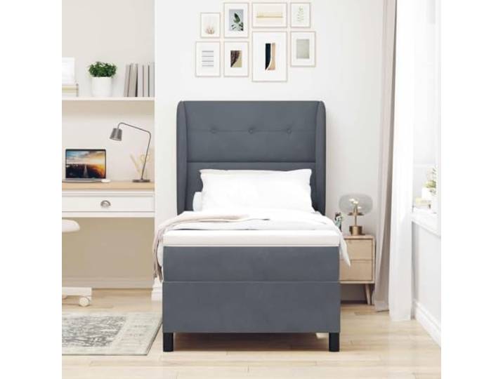 KTHLBRH Einzelbett dunkelgrau 190 x 90 cm mit Kopfteil Samt, verstellbares Kopfteil in 2 Höhen, mittlere Matratze, Rahmen aus Massivholz