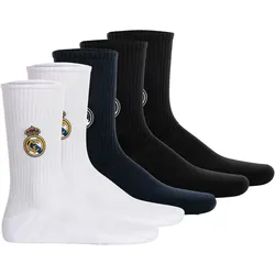 Real Madrid Unisex Socken, 5er Pack - Tennis Embroidery Socks, Emblem-Logo gestickt, Baumwollmischung, einfarbig Weiß/Dunkelblau/Schwarz / 39-42