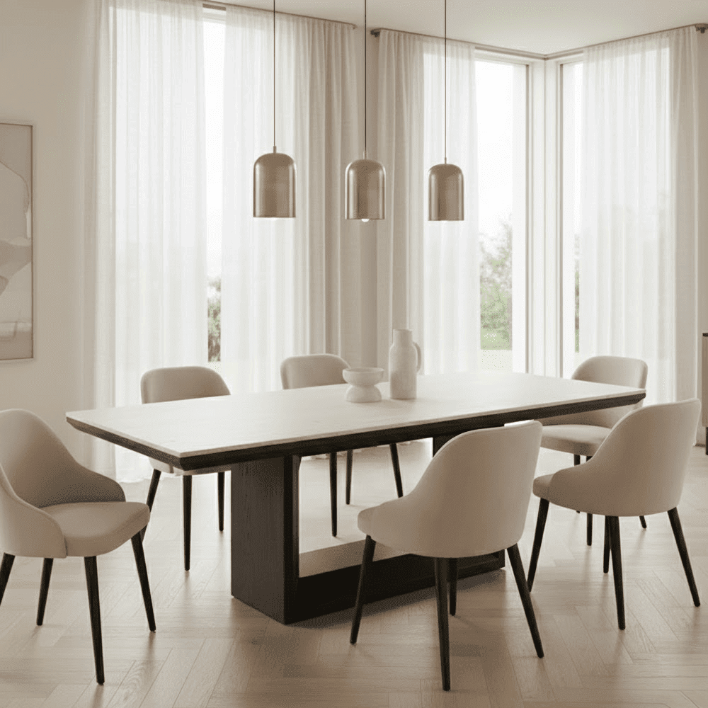 Norah Deep Brown Rectangular Dining Table with Travertine Top