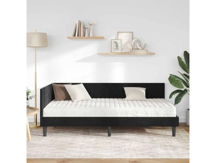 KTHLBRH Eckbett aus schwarzem Samt mit Einzelbett-Matratze Robustes Sperrholz, mittlerer Schaumstoff, verstellbares Kopfteil, pflegeleicht