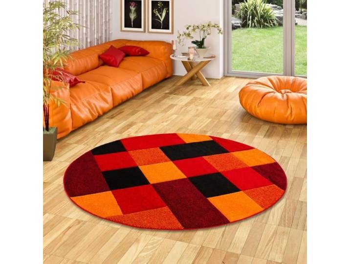 Tapis de designer rond - PERGAMON - Brilliant - Carreaux - Moderne - Rouge orangé - 160x160 cm