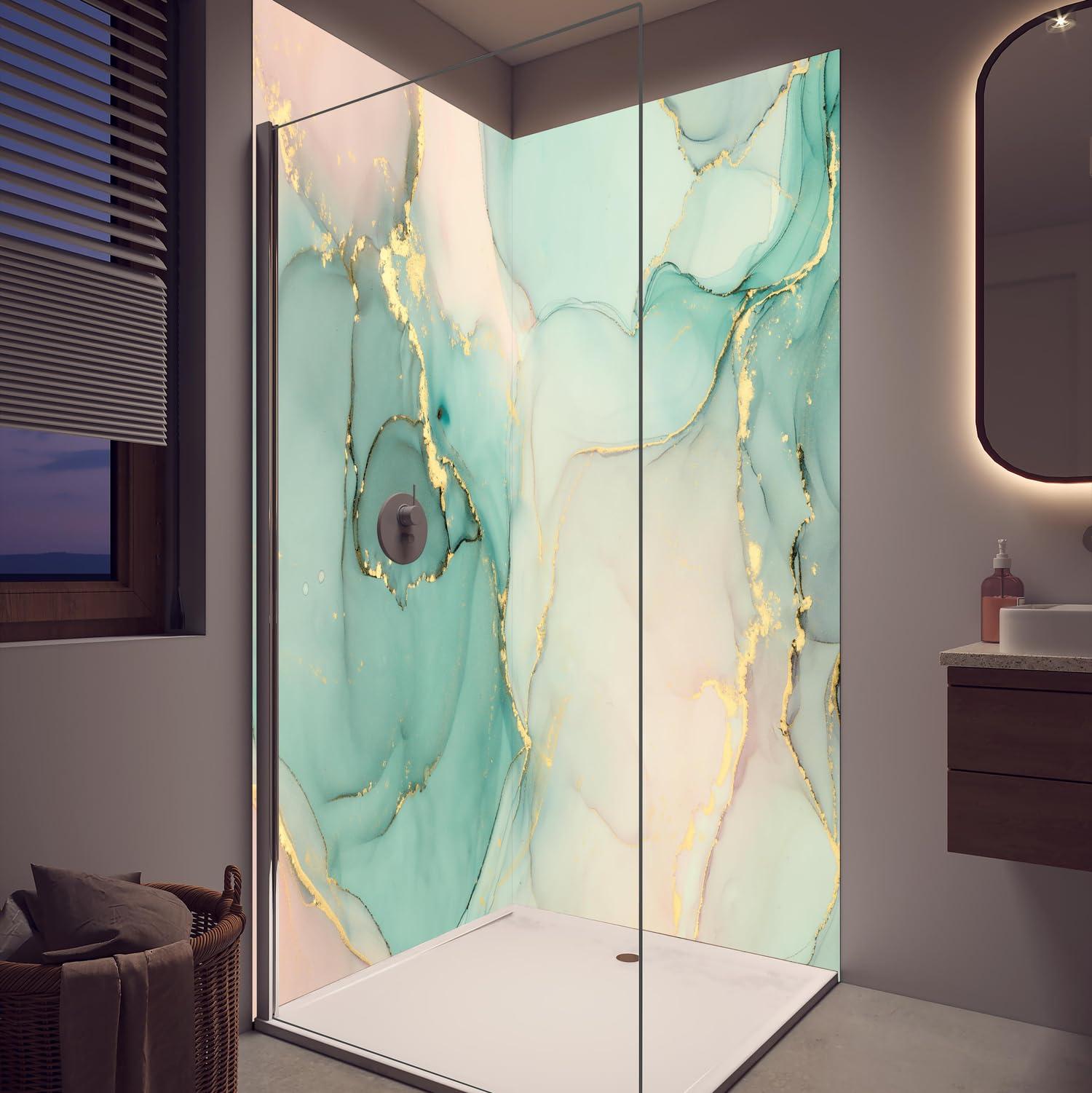 Duschrückwand - Wandverkleidung für Dusche aus Acryl 0,3 cm - 100 x 250 cm - Abstrakte grünliche Muster mit goldenem Rand