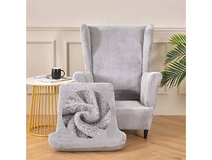 Highdi Peluche Housse de Fauteuil à Oreilles Extensible 2-Pièces Couverture de Fauteuil avec Housse de Coussin en T\, Couleur Unie Mode Strandmon Housse de Fauteuil Antidérapante (Gris)