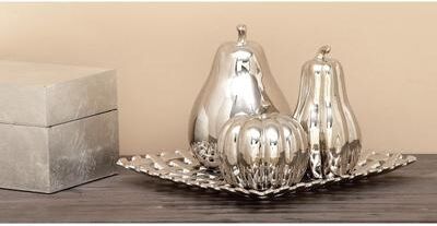 ARCILLA ELEMENTAL Gold or Silver Ceramic Pear, Pumpkin, and Squash Fruit Decorative Sculpture with Decorative Grid Plate (Set of 4)