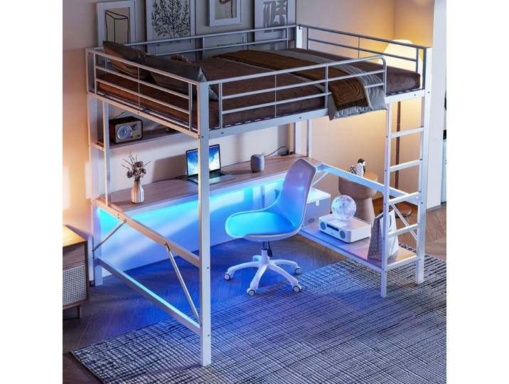 Lit mezzanine Balustrade Tablette de partition multicouche et bureau Avec lumières à LED Blanc 140*200 cm Échelle de marche