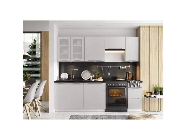 Cuisine complète ALESSANDRA 240 cm emplacement four encastrable - gris clair