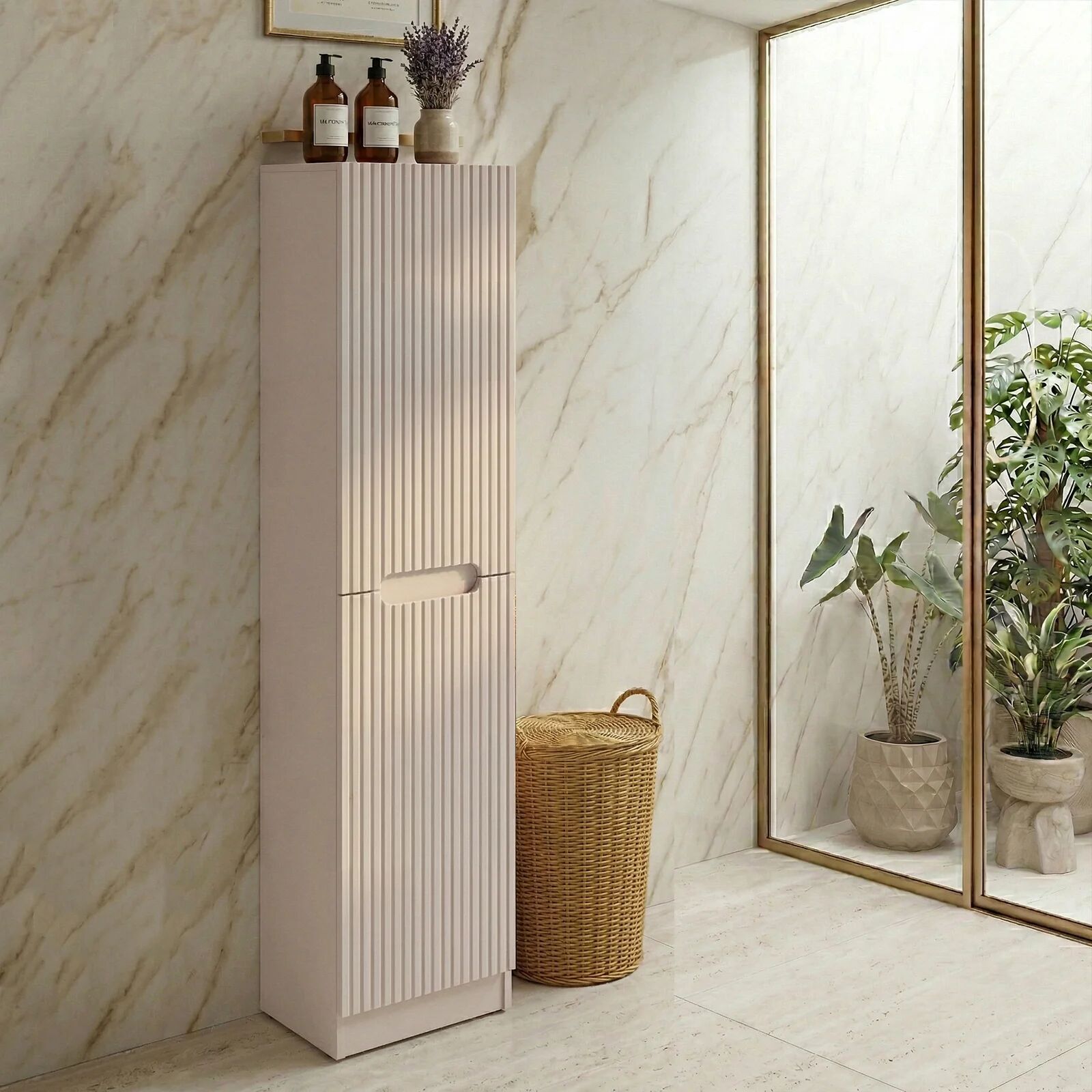 garneroarredamenti Colonna bagno lavanderia 35x180h cm con portabiancheria cannettato beige Cleany