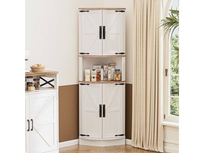 BonVache Küchenschrank Hoch, Eckschrank, Badezimmerschrank Schmal AblagefläcEckregal mit 4 Türen und 5 Ablageflächen,165cm Aufbewahrungsschrank,Hochschrank für Küche,Wohnzimmer,Esszimmer,Weiß