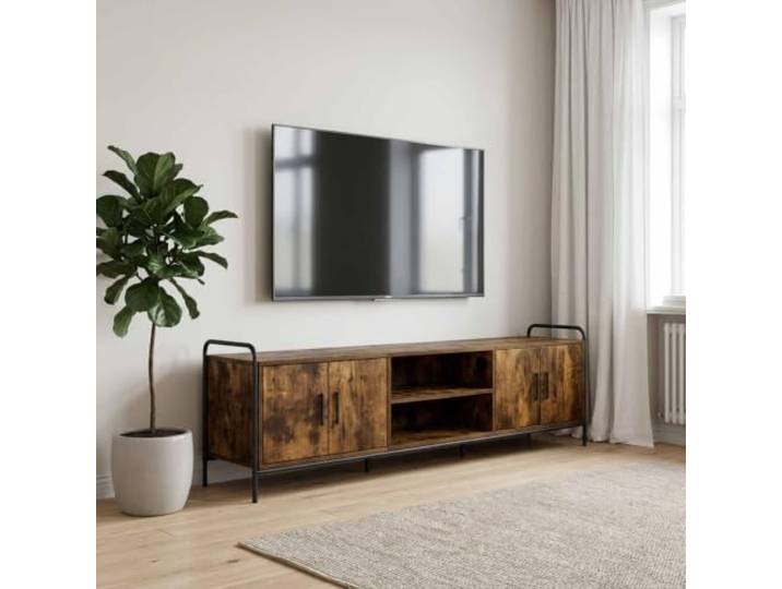 HGFDVCMR TV-Schrank 167,5x33x50 cm Lowboard Räuchereiche Stabiles TV-Board für Wohnzimmer und Schlafzimmer mit starkem Stahlrahmen und geräumigen Fächern hinter Scharniertüren.