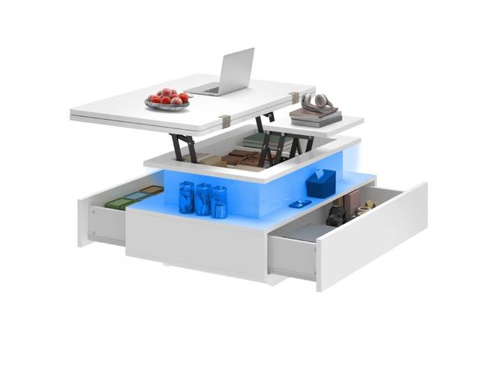 YITAHOME Table Basse Relevable et Extensible 85x55x42 cm LED 7 Couleurs USB avec Télécommande 2 Tiroirs Cachés MDF E1 Brillant