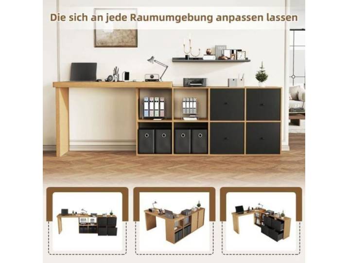 Grand bureau d'angle sur roulettes 260×48×78cm plateau rotatif 360° ensemble 4 tiroirs et 4 caissons de rangement Bureau d'angle