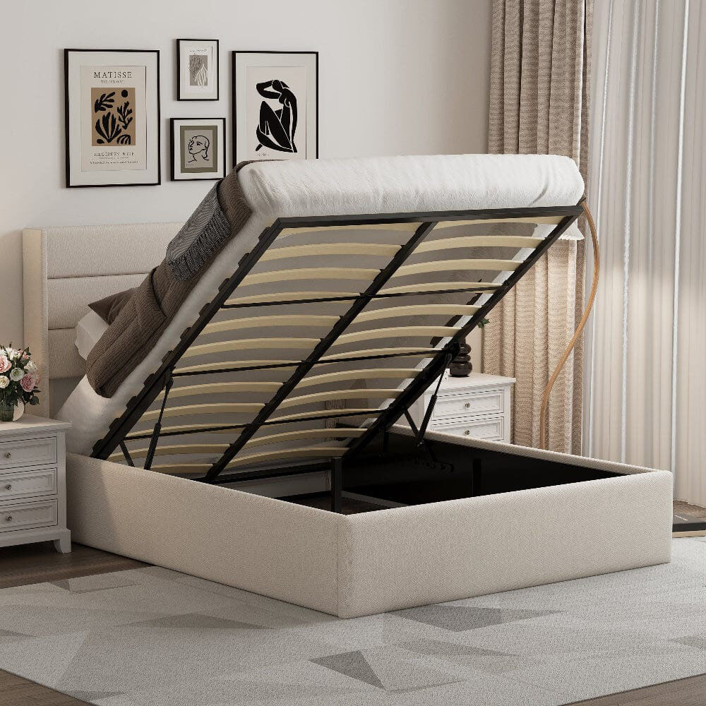 17 Stories EASE Linen Pneumatic Lift Up Bed Frame Bed Beige Kingsize (5')