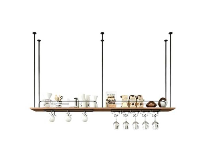 Industrielles Weinregal aus massivem Holz + Eisenrahmen, Hängeregal Deckenmontierter Stielglashalter für den Oberschrank/Pflanzenständer in der Barküche(1-TIER-150x30x50cm)