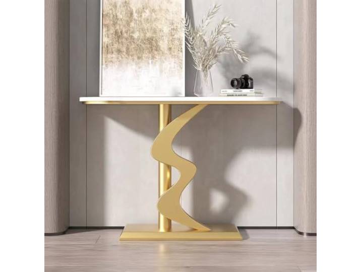 Moderner Konsolentisch Mit Sinterstein-Platte, Schmaler Flurtisch Metall Sinterstein-Oberfläche, Robuster Metallrahmen, Schmales Design, Platzsparend(Goldb,80cmW*30cmD*80cmH)