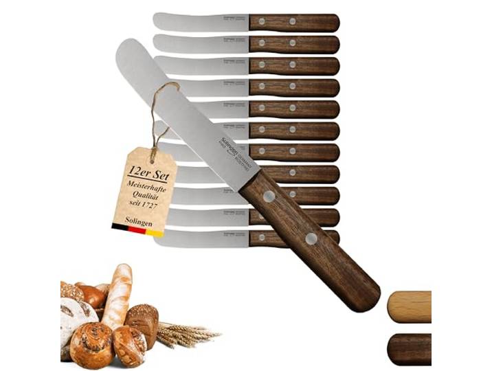 Solingen Messer Walnuss Buckelmesser 12er Set, stabile Hohl Stiftnieten, Frühstücksmesser, Brötchenmesser, direkt vom Hersteller & aus eigener Fertigung, Polierabzug