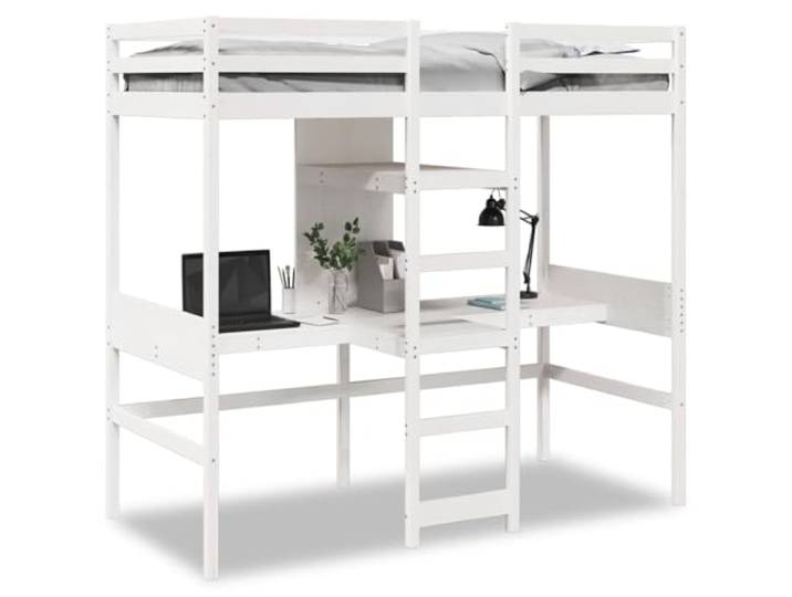 PUGYNBK Hochbett für Einzelbett, 80 x 200 cm, massives Kiefernholz Mit Schreibtischen und Regalen, Sicherheitsgeländer, Lattenrost, eingebaute Leiter