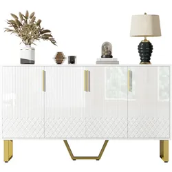OKWISH Sideboard 140x40x80 cm Weiß Hochglanz MDF Kommode Vier Türen Stauraumschrank Metallgriffe und Beine Geometrisches Muster Wohnzimmer