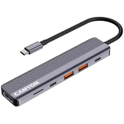 Canyon USB-6-in1 HUB USB-C > HDMI/2xUSB-A/SD/1xUSB-C 100W retail (USB-C, 6 Ports), Dockingstation + USB Hub, Grau