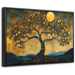 LEINWAND Bilder mit Rahmen - Baum - Mond - Blumen - Gold - Kunst - 60x40