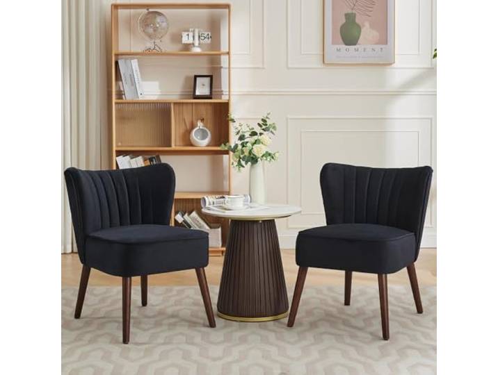 JustSmart Moderner Samt-Akzentstuhl – Armloser Mid-Century Wingback-Sessel mit Holzbeinen, 136 kg Tragkraft, plüschig gepolstert für Wohnzimmer, Büro & Leseecke – Farbe: Schwarz