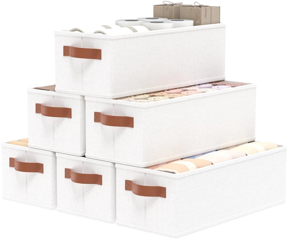 Merkloze set van 6 vouwbare opbergmanden met handvatten, witte textiele organizers voor volwassenen
