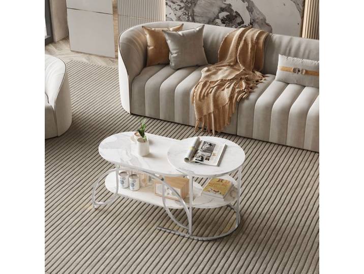 Table basse Table basse salon Table basse ronde Table de Salon pour canapé Table basse en Marbre Blanc + Pieds Argentés
