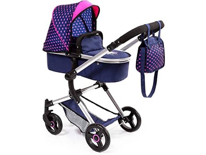 Bayer Design 18454AA Neo Vario poppenwagen met aankleedtas en winkelmandje, om te bouwen tot een sportwagen, in hoogte verstelbaar, modern, blauw met eenhoorn- en hartpatroon