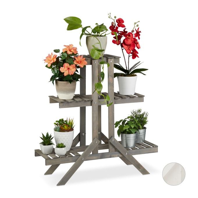 Relaxdays Plantenrek van hout met 3 etages en 5 plateaus, Grijs, Rustiek